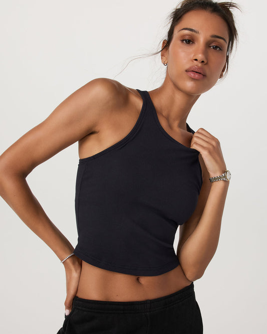 Pose Plyo Tank Black Crop Tank Top with Built in Bra - Vuori