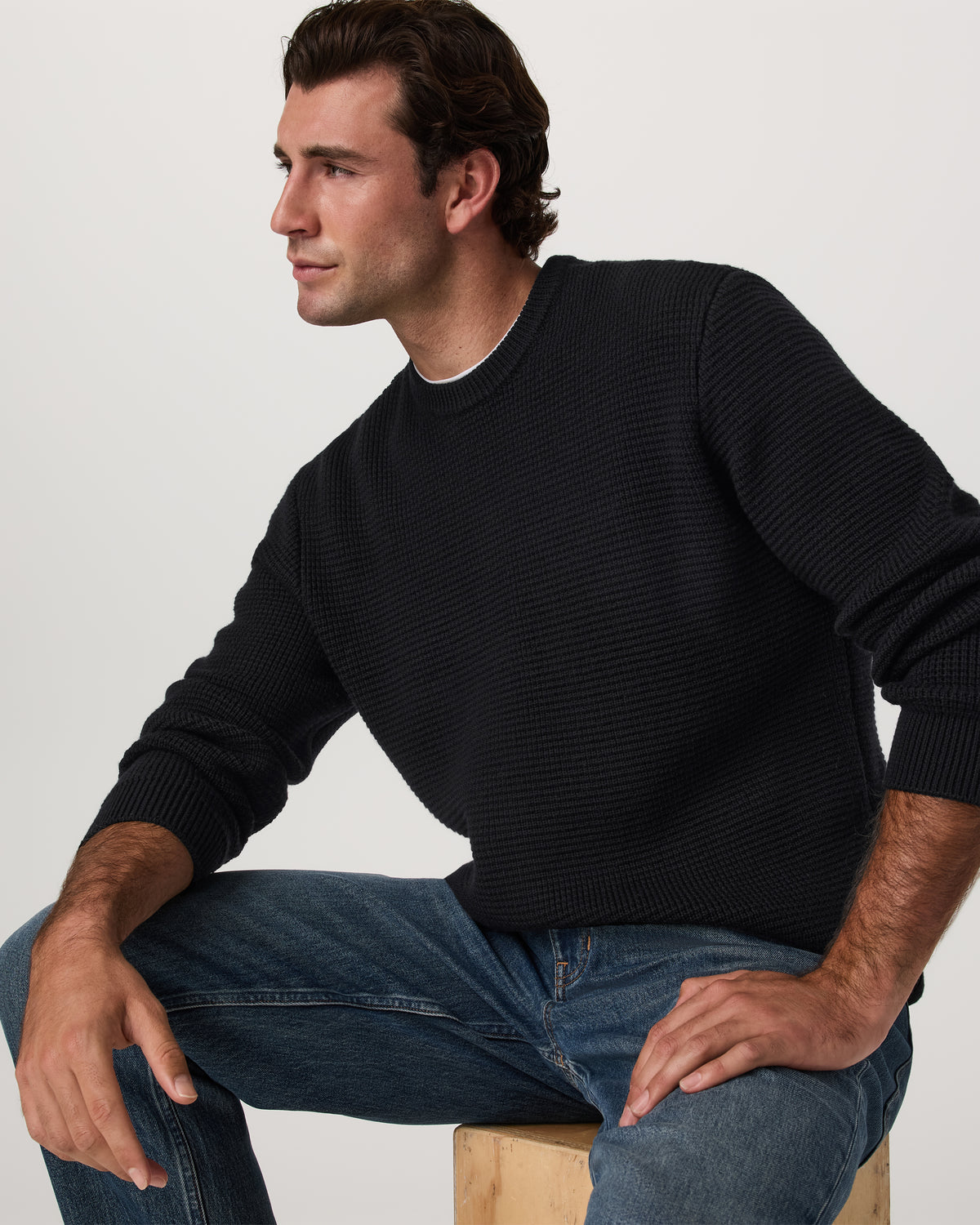Denver Waffle Crew Sweater Men's Black Wool Sweater - Vuori