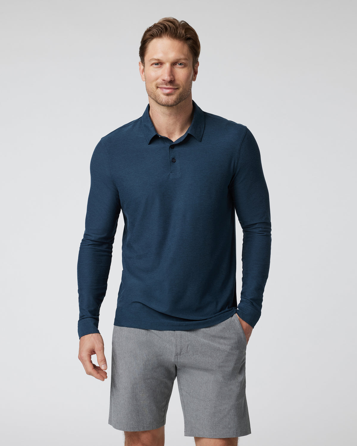 Long Sleeve Strato Tech Polo Navy Heather Blue Polo - Vuori