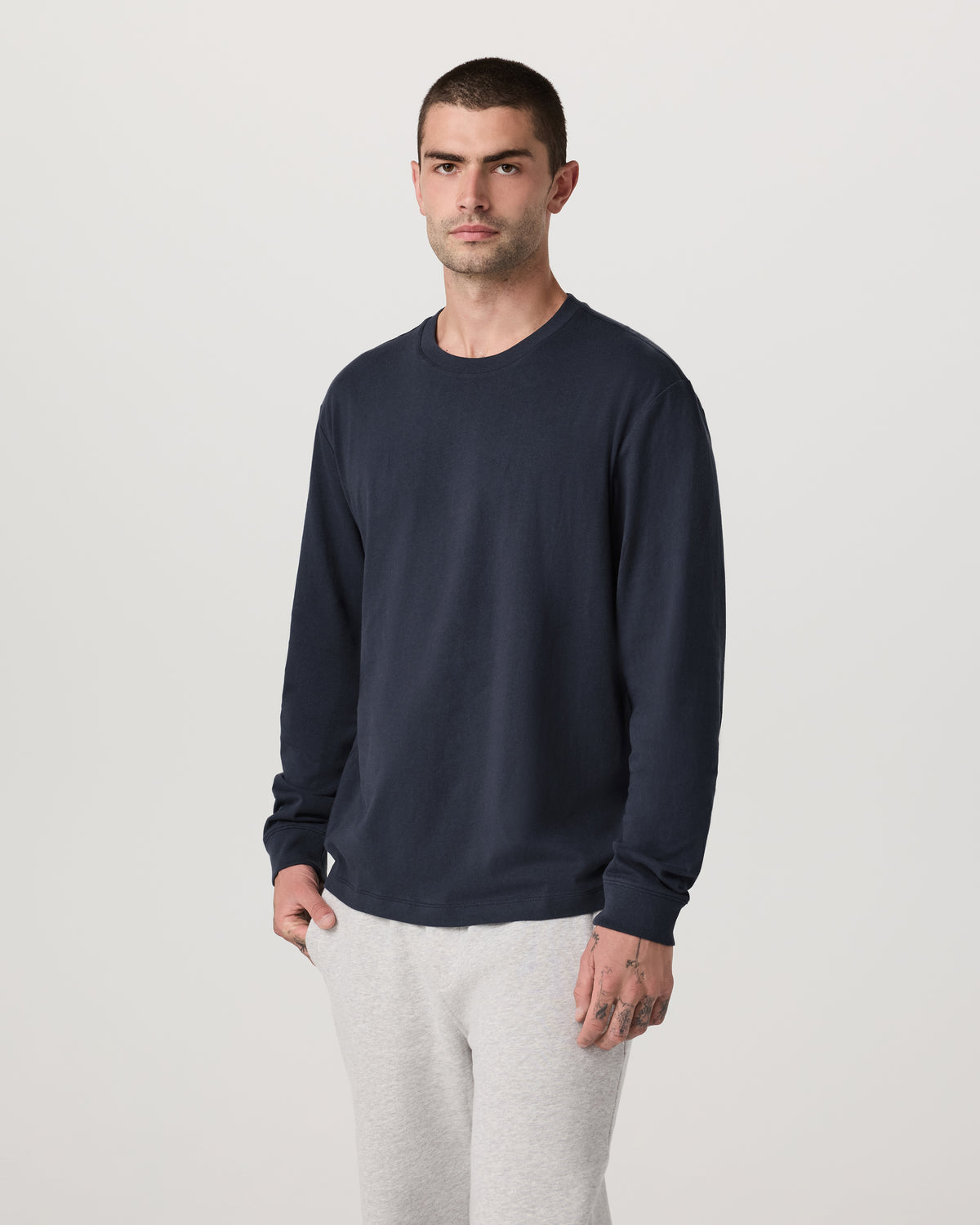 Long Sleeve Heavyweight Cotton Tee Men's Navy Shirt - Vuori
