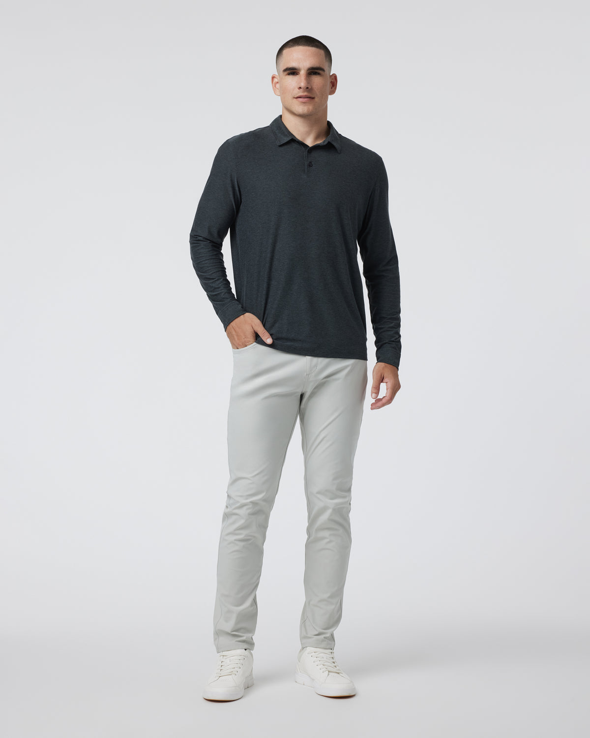 Long Sleeve Strato Tech Polo Charcoal Heather - Vuori