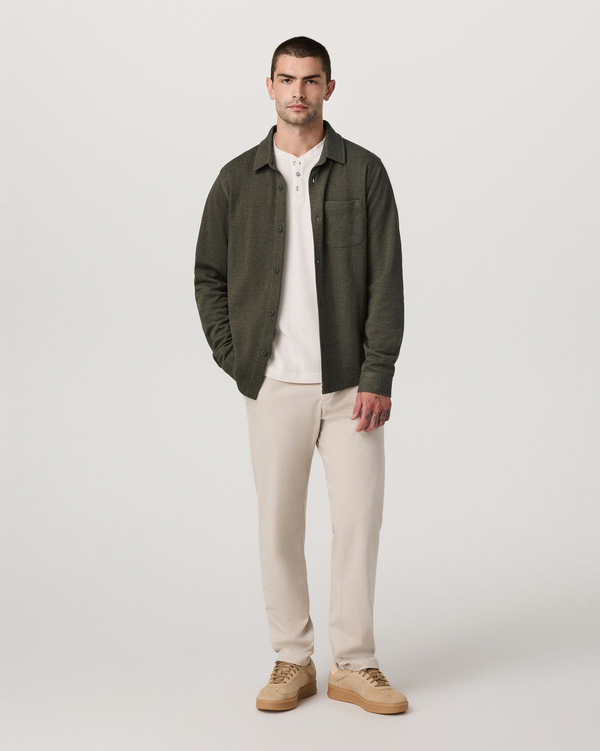 Jeffreys Overshirt Men's Olive Heather Button-Up Shirt - Vuori