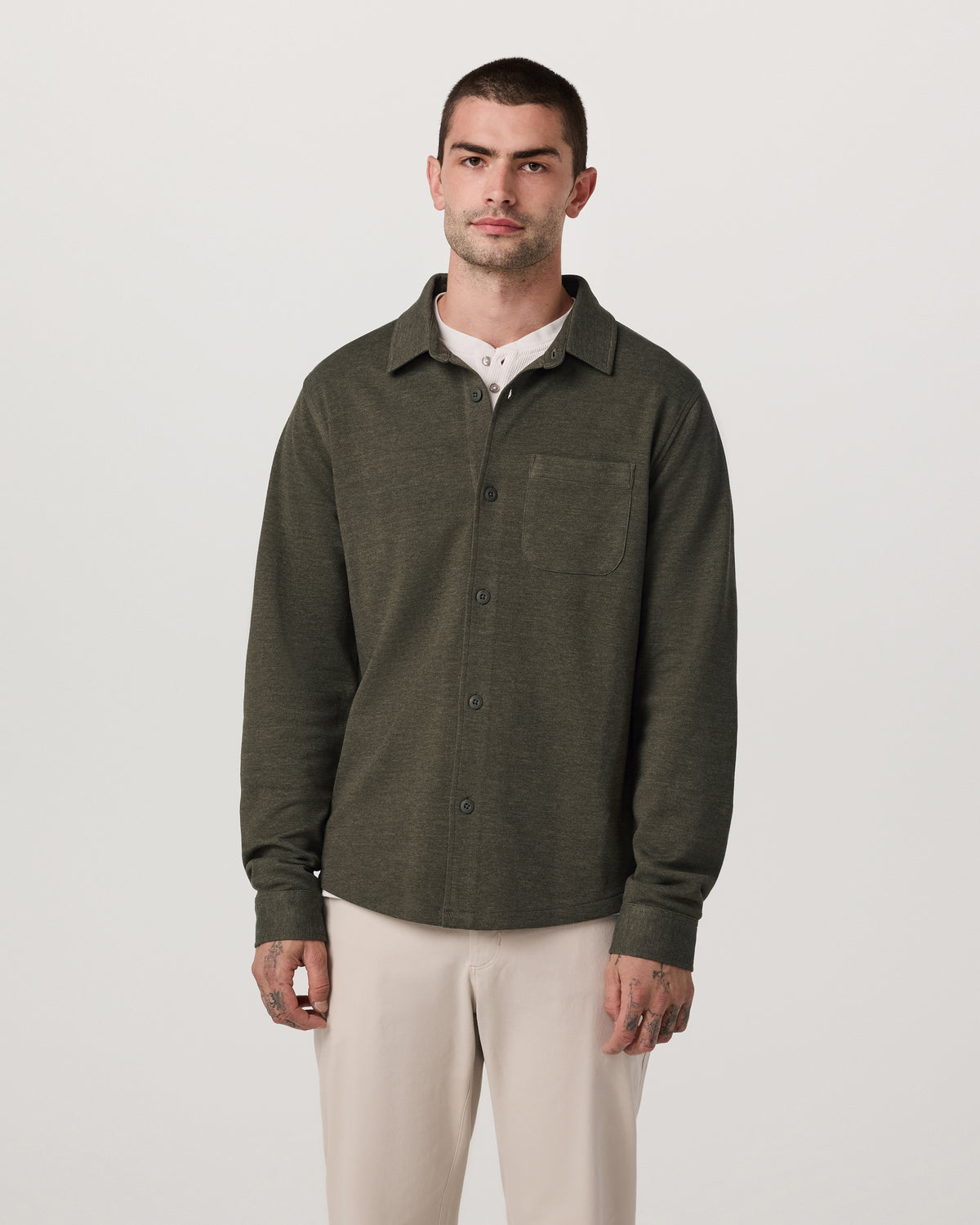 Jeffreys Overshirt Men's Olive Heather Button-Up Shirt - Vuori
