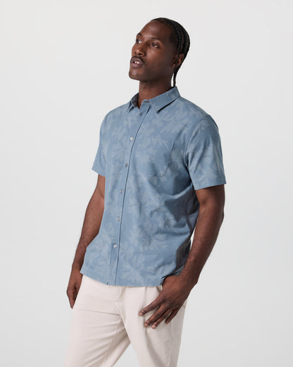 Short Sleeve Bridge Button Down Dusty Blue Plumeria - Vuori
